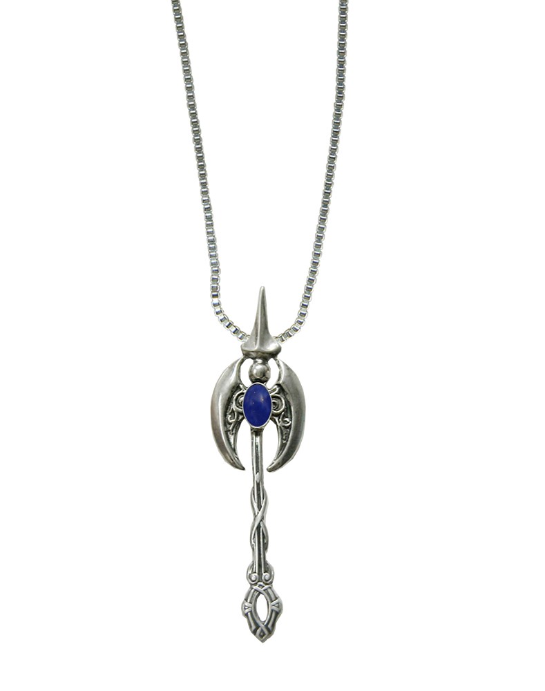 Sterling Silver Detailed Warriors Battle Axe Labrys Pendant With Lapis Lazuli